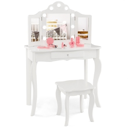 COSTWAY Kid Vanity Table Stool Set Tri-Folding Mirror Adjustable 3-Color Led Lights