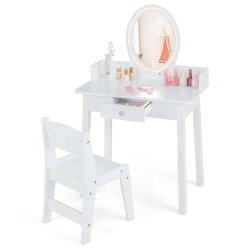 COSTWAY Kids Vanity Set With Lighted Mirror Chair 2-Color Led Lighting for Girls Makeup