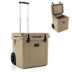 COSTWAY 45 Quart Cooler Towable Ice Chest W/ All-Terrain Wheels Leak-Proof for Camping