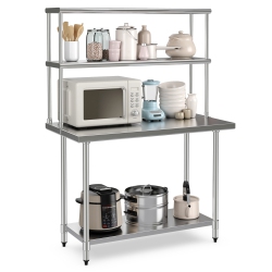 COSTWAY Stainless Steel Table With Overshelves, 48" X 24" Work Table With 48" X 12" Shelf