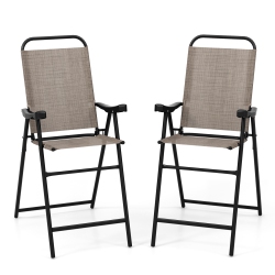 COSTWAY 2 PCs Patio Bar Chair Folding Bar Height Metal Frame With Footrest Garden