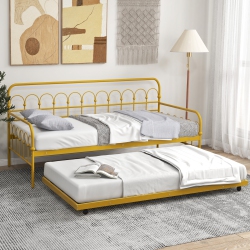COSTWAY Twin Size Metal Daybed With Trundle Space-Saving Sofa Bed Lockable Wheels In Gold