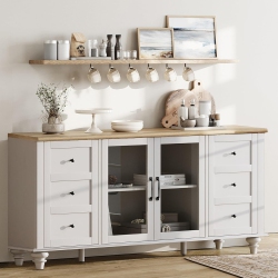 WAMPAT Sideboard Buffet Cabinets With Glass Door, Kitchen Storage Cabinets, Wood Coffee Bar Tables for Dining Room, Living Room, White