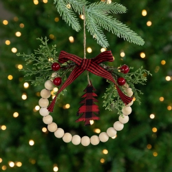 NORTHLIGHT Buffalo Plaid Tree And Bow Wooden Beaded Christmas Wreath Ornament - 5.5