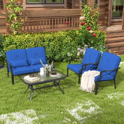 COSTWAY 4 PCs Patio Furniture Set Outdoor Conversation Sofa Tempered Glass Coffee Table
