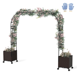COSTWAY 6.6 Ft Tall Metal Garden Arbor With 2 Raised Garden Planters Arch Trellis Outdoor