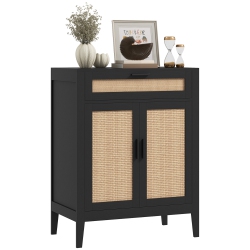 HOMCOM Sideboard Buffet Cabinet With Storage, 28" Boho Kitchen Storage Cabinet With Decorative Rattan Doors, Drawer And Adjustable Shelf In Black