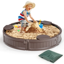 COSTWAY 4F Wooden Sandbox W/built-In Corner Seat, Cover, Bottom Liner for Outdoor Play