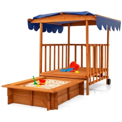 COSTWAY Wooden Retractable Sandbox With Cover & Built-In Wheels Kids Outdoor Playhouse