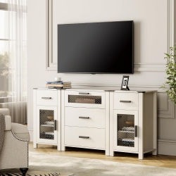 WAMPAT Tv Stand With 5 Drawers And 2 Door Storage, Dresser Organizer Units With Adjustable Shelf for Dining, Living And Bed Room, Antique In White