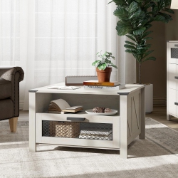 WAMPAT Coffee Table for Living Room, Drawer Coffee Table With Storage, Square Accent Furniture With 2 Compartments Open Shelf, Antique In White