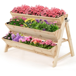 COSTWAY 3 Tier Wooden Vertical Raised Garden Bed W/storage Shelf, Side Hook & Liners