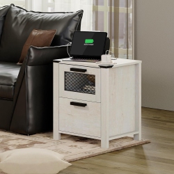 WAMPAT Nightstand With Charging Station, Farmhouse End Table With 2 Drawers, Rustic Sofa Side Bedside Table for Bedroom And Living Room, Antique