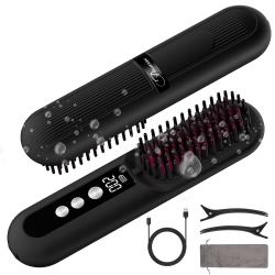 PAUCAX Cordless Hair Straightener Brush Portable Mini Hair Straightener Brush for Travel \w Million Negative Ions, 80Mins Working Time, 9