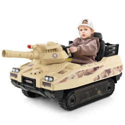 COSTWAY Electric Kids Ride On Tank With Rubber Tracks Rotatable Turret & Working Cannon