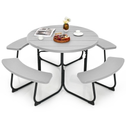 COSTWAY Outdoor 8-Person Round Picnic Table Bench Set With 4 Benches & Umbrella Hole