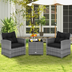 COSTWAY 3PCs Patio Rattan Furniture Bistro Set Cushioned Sofas Side Table Armrest