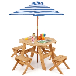 COSTWAY Kids Wooden Table Set With Octagon Table 4 Stools & Removable Adjustable Umbrella