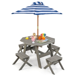 COSTWAY Kids Wooden Table Set With Octagon Table 4 Stools & Removable Adjustable Umbrella