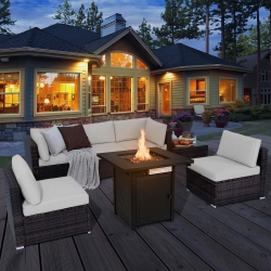 COSTWAY 7 PCs Patio Furniture Set With 28" 50000 Btu Propane Gas Fire Pit Table Cushions