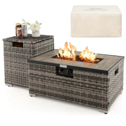 COSTWAY 32"x 20" Propane Rattan Fire Pit Table Set With Side Table Tank & Cover 40, 000 Btu