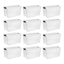 STERILITE 70 Qt Clear Plastic Stackable Storage Bin W/ Latch Lid, 12 Pack In White