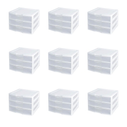STERILITE Clear Plastic Stackable Small 3 Drawer Storage System, White, (9 Pack)