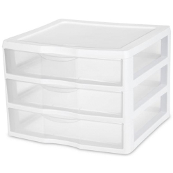 STERILITE Clear Plastic Stackable Small 3 Drawer Storage System, White, (6 Pack)