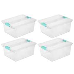 STERILITE Deep Plastic Stackable Storage Bin W/ Clear Latch Lid, Clear (4 Pack)