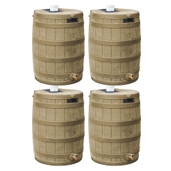 GOOD IDEAS Rain Wizard 50 Gallon Plastic Barrel Water Collector, Khaki (4 Pack)