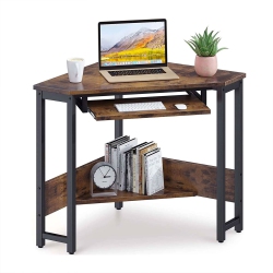 ODK Corner Triangle Computer Desk W/ Storage Space & Keyboard Tray, Rustic In Brown
