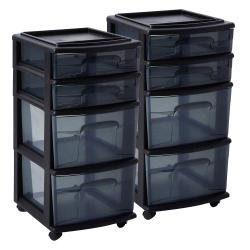 HOMZ Tall Solid Plastic 4 Drawer Medium Storage Cart With Wheels (2 Pack) In Black