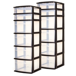 HOMZ Plastic 6 Clear Drawer Home Storage Container Tower, Black/clear (2 Pack)