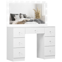 HOMCOM Makeup Vanity Desk With Mirror And Lights, Modern Dressing Table With Lighted Large Mirror, 7 Drawers And 14 Led Lights for Bedroom In White