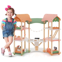 COSTWAY Hoenyjoy Kids Wooden Dollhouse Aged 3-8 Years Old With 32PCs Realistic Furniture Accessories