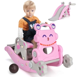 COSTWAY 4-In-1 Rocking Horse & Slide Set Toddler Slide Toy W/ Basketball Hoop