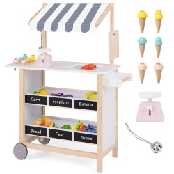 COSTWAY Kids Ice Cream Cart Wooden Toddler Farmers Market Stand With Chalkboard & Storage