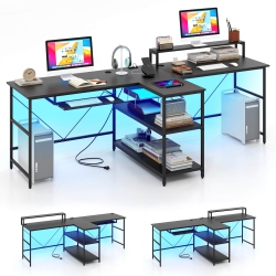 COSTWAY 94.5" Long Office Desk 2-Person Reversible Computer Desk With Led Lights