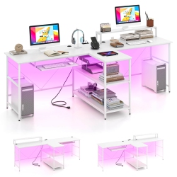 COSTWAY 94.5" Long Office Desk 2-Person Reversible Computer Desk With Led Lights