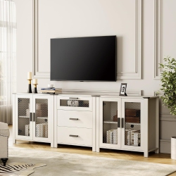 WAMPAT Tv Stand Set With Drawers for UPS to 85 Inch Tv, Media Tv Console Table With 4 Mesh Door for Dining, Living And Bed Room, Antique In White