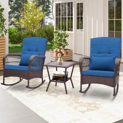 COSTWAY 3 PCs Patio Rocker Set Outdoor Wicker Rocking Chairs With Double-Layer Coffee Table
