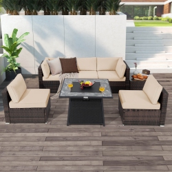 COSTWAY 7 PCs Patio Furniture Set With 35" Propane Gas Fire Pit Table & Waterproof Cover