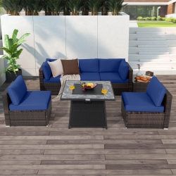 COSTWAY 7 PCs Patio Furniture Set With 35" Propane Gas Fire Pit Table & Waterproof Cover