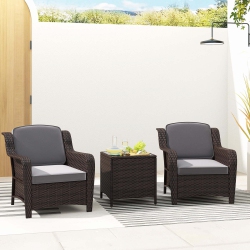 COSTWAY 3 PCs Outdoor Patio Furniture Set With Cushions And Tempered Glass Coffee Table