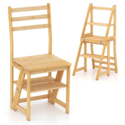 COSTWAY 3-Step Folding Step Ladder Chair With Bamboo Frame Convertible Ladder Stool