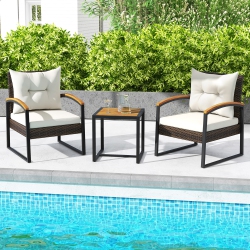 GYMAX 3PCs Patio Wicker Furniture Set Pe Wicker Furniture Conversation Set W/ Acacia Wood Table