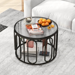 GYMAX 2-Tier 24" Round Coffee Table W/ Oval Swivel Brackets & Reeded Tempered Glass