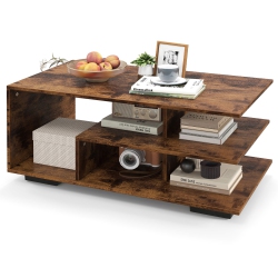 GYMAX Geometric Coffee Table W/ Storage Shelves 3-Tier Rectangular Tea Table