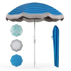 GYMAX 6.5 Ft Beach Umbrella W/ Fringe Tassel Umbrella W/ Push Button Tilt Anchor In Sand