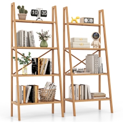 GYMAX 2PCs 4-Tier Bamboo Ladder Bookshelf 58" Display Shelf Storage Rack Plant Stand